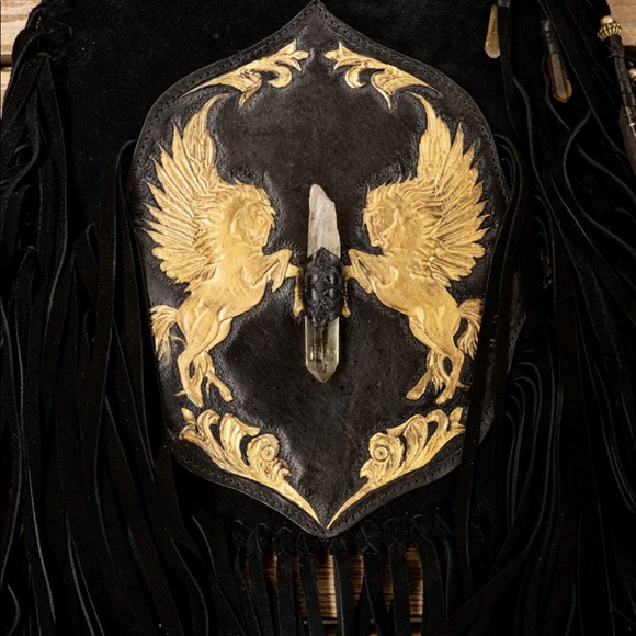 Buffalo Girl Versailles Apache Tasseled Black Leather Bag with Citrine Crystal - Picture 9 of 15